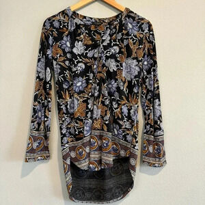 Lucky Brand Top High Low Floral V Neck Long Sleeve Lightweight Boho S